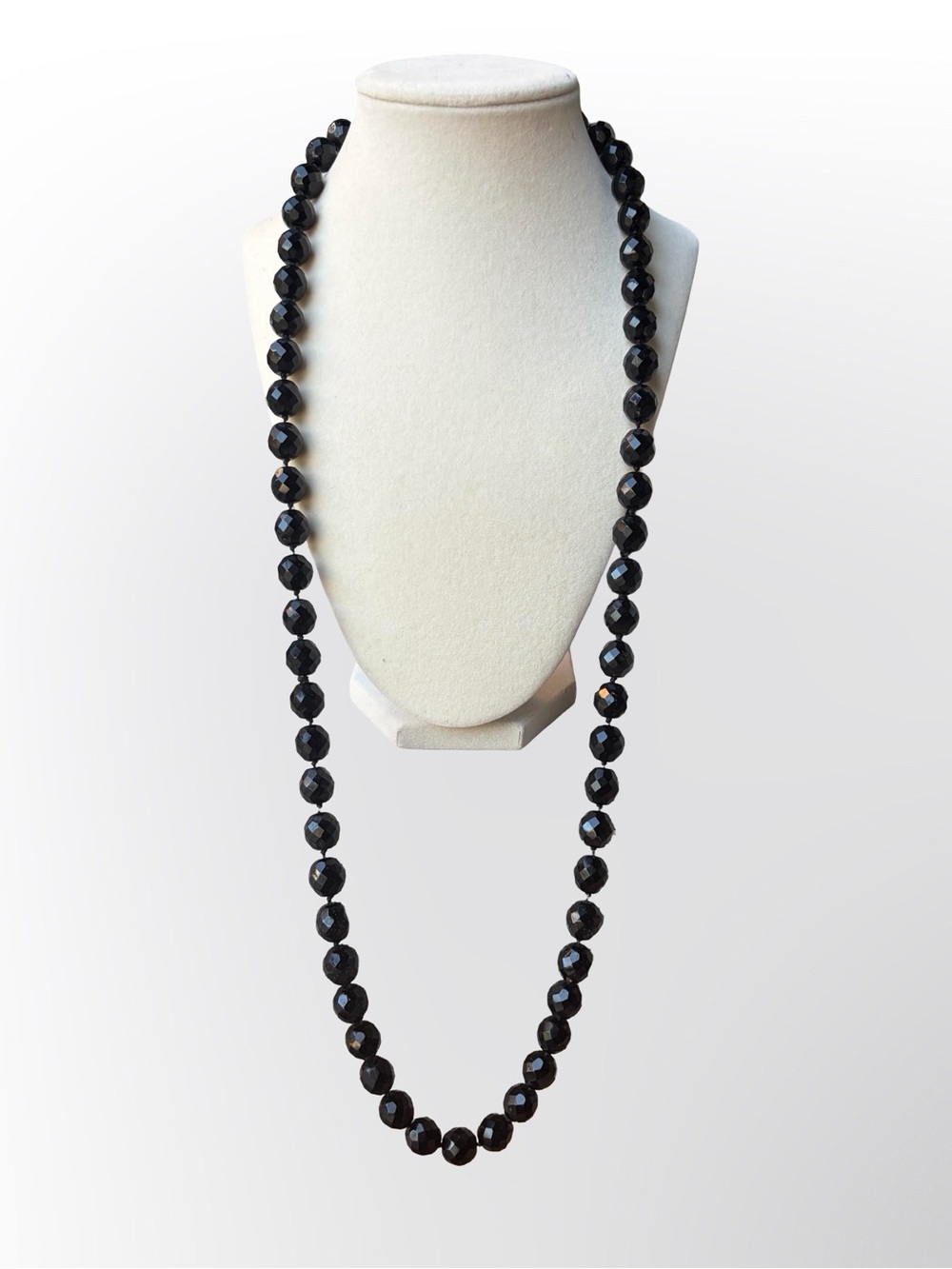 Vintage Faceted Black Glass Long Statement Strand Necklace